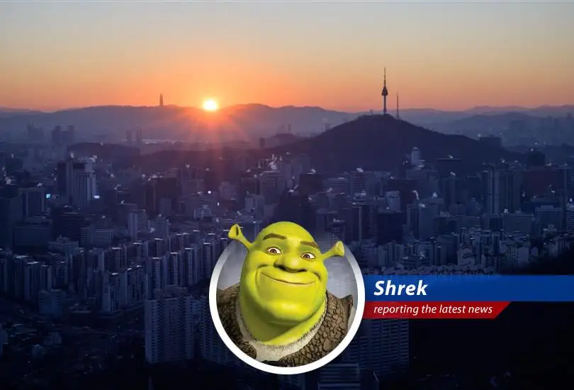 South Korean flag waving in front of the Seoul skyline, symbolizing the Kospi's record high.