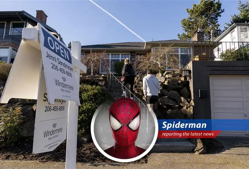 Spider-Man perched atop a skyscraper, overlooking a city struggling with housing market challenges.