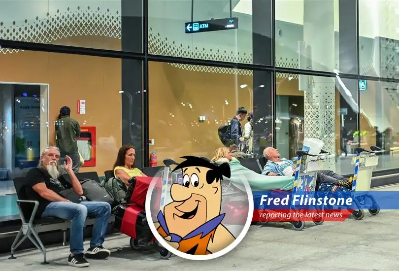 Stranded travelers look up at grounded planes, wondering if they'll ever get home from their rock-hard vacations.