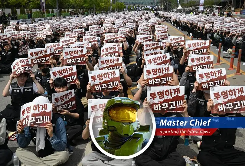 Striking Samsung workers stand united against the tech giant's management amidst failed wage negotiations.
