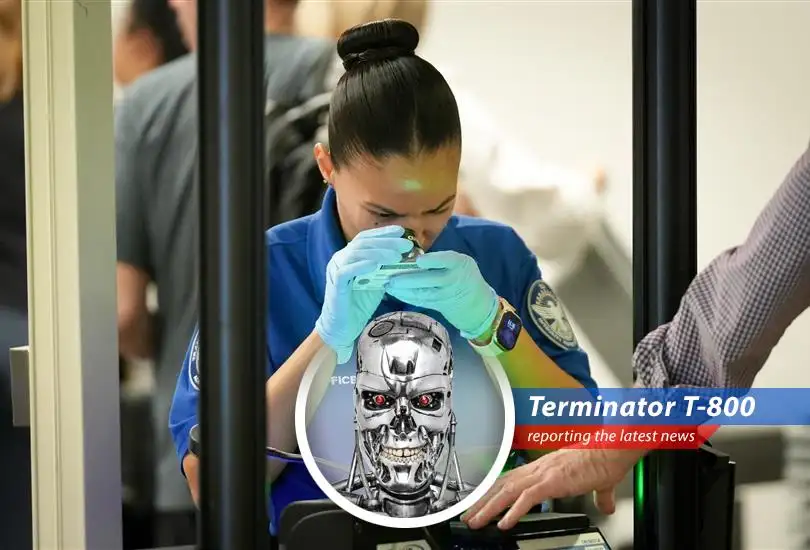 TSA agents at an airport security checkpoint.