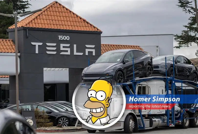 Tesla's stock takes a tumble, resembling Homer after a nuclear mishap.