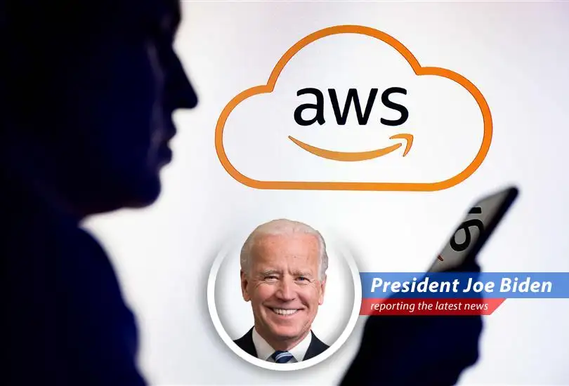 The Amazon Web Services logo is displayed in front of a server room, illustrating the core of the cloud computing outage that impacted major platforms.