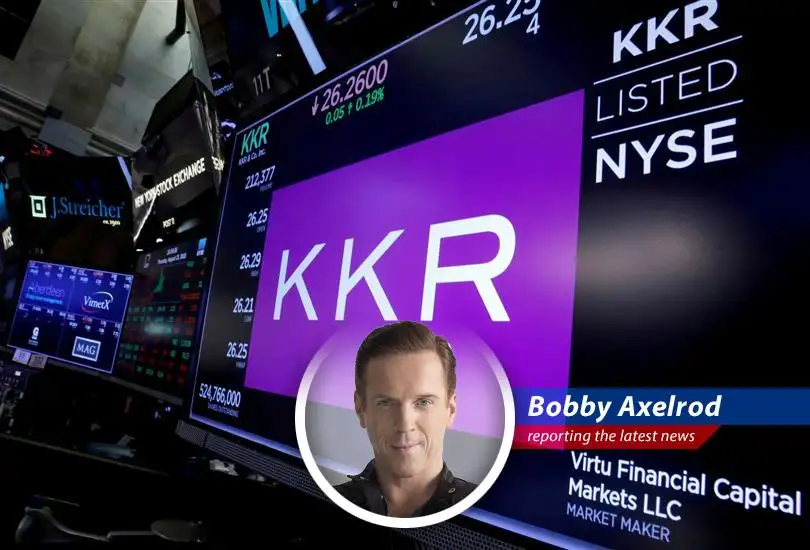 The KKR logo against a backdrop of Wall Street, symbolizing the financial turmoil surrounding the credit fund downgrade.