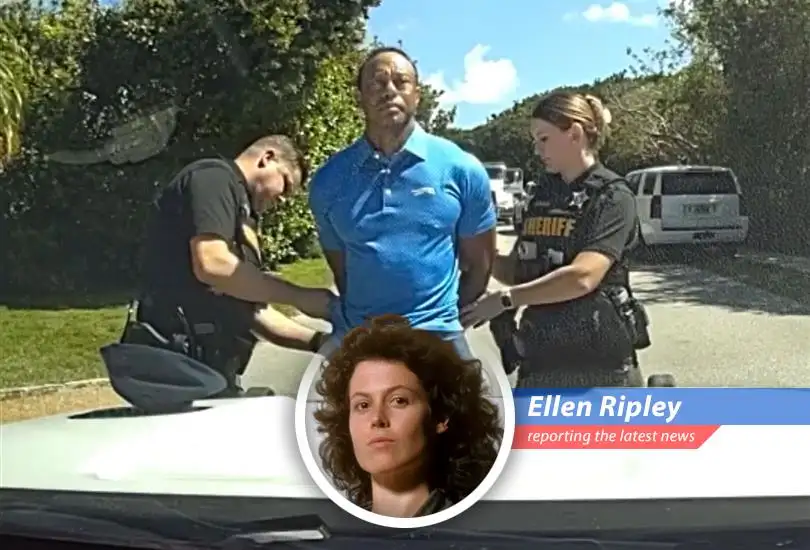 Tiger Woods' mugshot after his 2017 DUI arrest, raising questions about his actions.