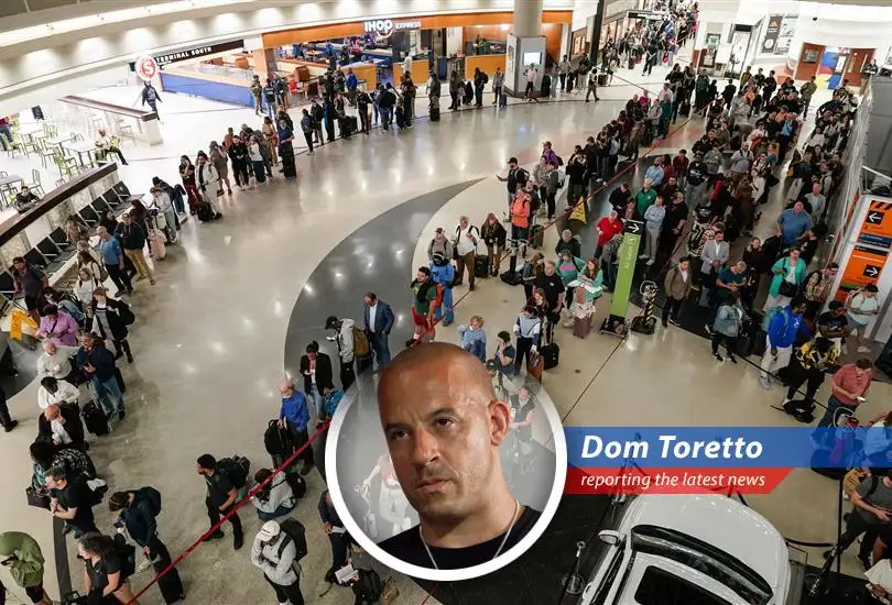 Travelers navigate crowded airport security lines amid the government shutdown and staffing shortages. No column or semicolumn in the header text.