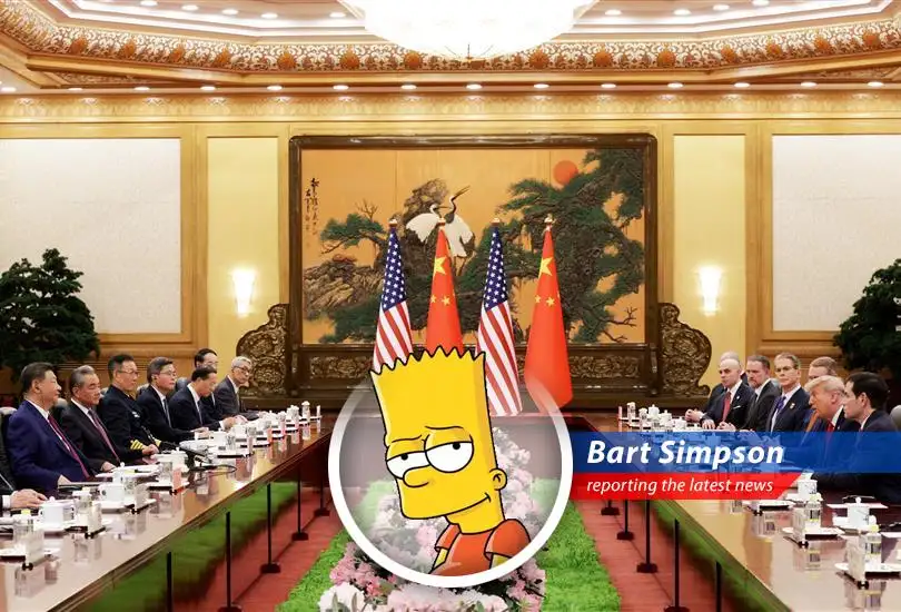 Trump and Xi shake hands at a summit, possibly deciding whether the world gets extra Krusty Burgers or just ends up with a big ol' Doh