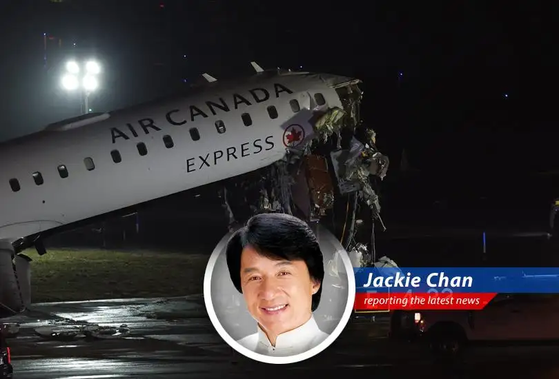Wreckage of Air Canada Express jet following collision with fire truck at LaGuardia Airport. 