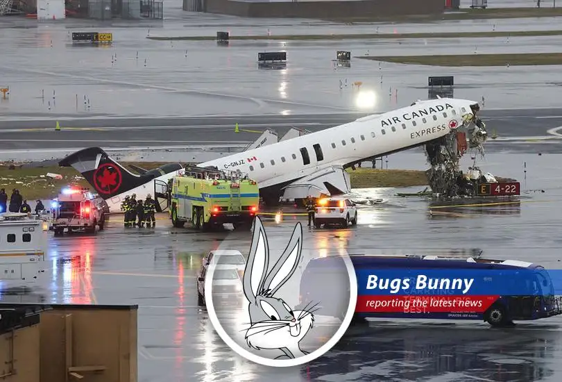 Wreckage of the Air Canada jet after colliding with a fire truck at LaGuardia Airport, causing fatalities and injuries.