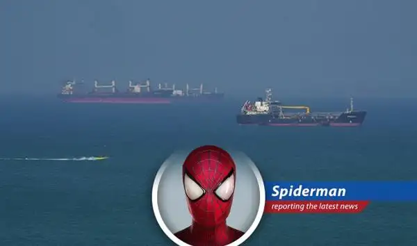 Spider-Man swinging past oil refineries, contemplating the complexities of global oil markets.