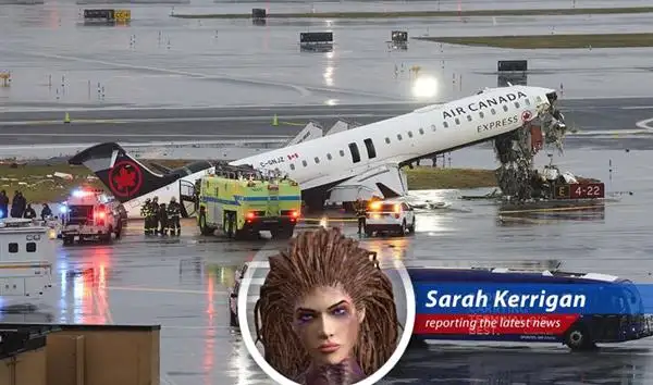 Wreckage of the Air Canada jet and fire truck involved in the fatal collision at LaGuardia Airport