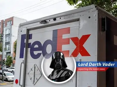 A FedEx cargo plane soars through the sky symbolizing the company's expanding reach and improved financial outlook.