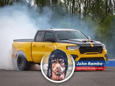 A Ram Rumble Bee muscle truck tears through the Chelsea Proving Grounds, signaling Stellantis' commitment to high-performance vehicles.
