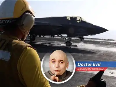 A U.S. fighter jet disables an Iranian oil tanker, furthering my evil schemes for global control.