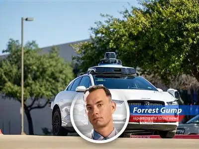 A Waymo robotaxi navigates city streets. But sometimes they like the water too much, just like Lt. Dan after the storm.