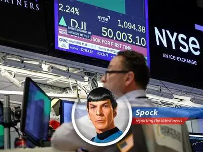 A composite image showing the Dow Jones hitting 50,000, AI Super Bowl commercials, and legal challenges for Meta and Novo Nordisk. image