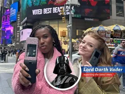 A flip phone stands defiant against a backdrop of glowing smartphone screens, symbolizing the rebellion against constant connectivity.