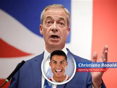 A humorous take on British politician Nigel Farage's entry into the general election with quotes and jokes reminiscent of Cristiano Ronaldo's universe image