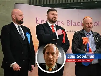 A humorously dramatized report of the U.K. leader Rishi Sunak's Conservative Party facing significant losses at local elections against the background of a Breaking Bad themed satire image