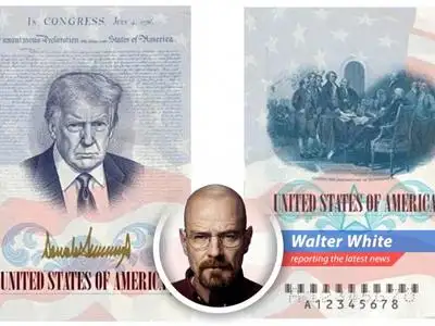 A mockup of a special edition passport featuring Donald Trump's likeness superimposed over the Declaration of Independence.