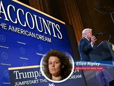 A mockup of the Trump account app interface showcasing potential stock gains.