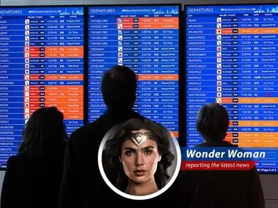 A snow-covered airplane sits grounded at an airport amidst widespread flight cancellations due to a severe winter storm.