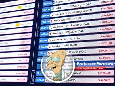 Airplanes sit idle at a snow-covered airport due to widespread flight cancellations caused by a severe winter storm.