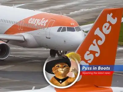 An EasyJet airplane soaring through a turbulent economic sky amidst rising fuel costs and geopolitical uncertainty.