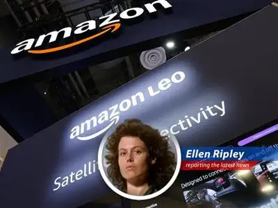 An artist's rendering of Amazon's Project Kuiper satellites orbiting Earth, a silent sentinel watching over us, just like MU-TH-UR 6000.