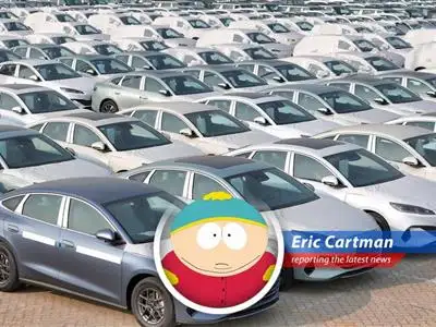 BYD vehicles lined up, showcasing their growing global presence despite profit challenges.