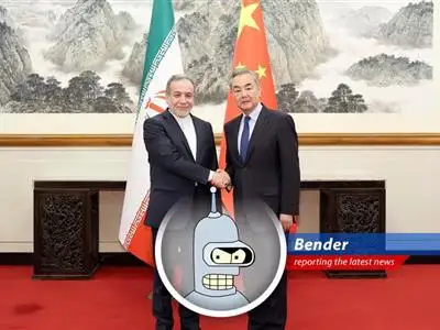 Bender analyzes China and Iran's meeting amidst US tensions, pondering the global implications while polishing his shiny metal posterior.