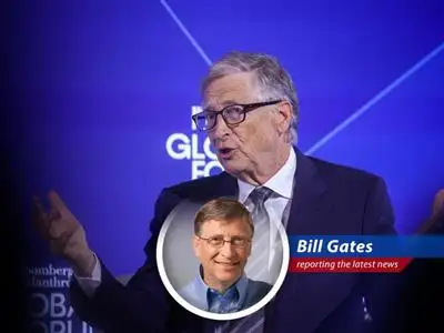 Bill Gates speaking at a town hall meeting, addressing past issues and future goals.