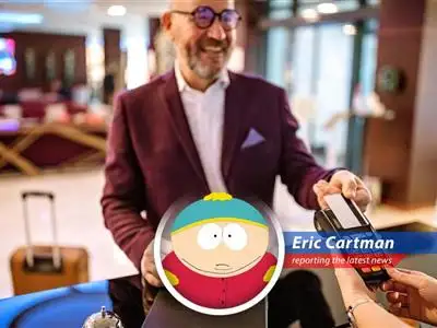 Cartman giving the side-eye to a Wyndham hotel, probably plotting to take it over.