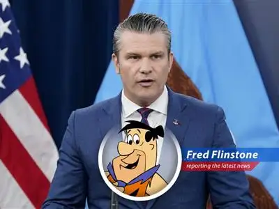 Defense Secretary Pete Hegseth addressing the press about the Strait of Hormuz situation while Fred worries about the price of Bronto Burgers.