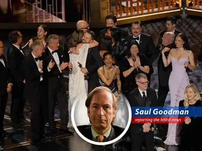 Director Paul Thomas Anderson celebrates his Best Picture win for 