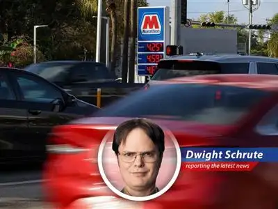 Dwight Schrute analyzing the Federal Reserve's dilemma on balancing inflation and economic slowdown amidst rising gas prices at Schrute Farms.