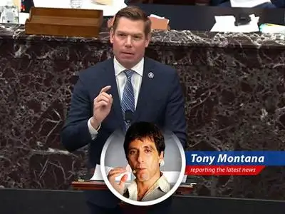 Eric Swalwell exits the courtroom after dropping the lawsuit against Bill Pulte.