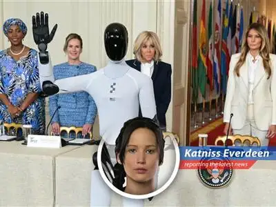 First Lady Melania Trump alongside Figure 3, a humanoid robot, at the White House.