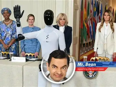 First Lady Melania Trump stands alongside Figure 3, a humanoid robot, at the White House during the Fostering the Future Together Global Coalition Summit.