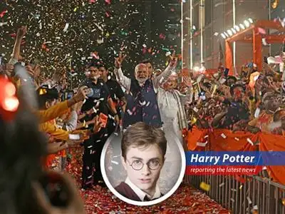 Harry Potter uses magic humor to comment on Modi winning election but falling short of majority