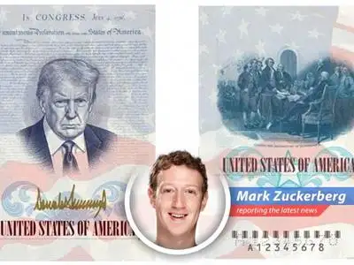 Illustration of a U.S. passport featuring a superimposed image resembling Donald Trump