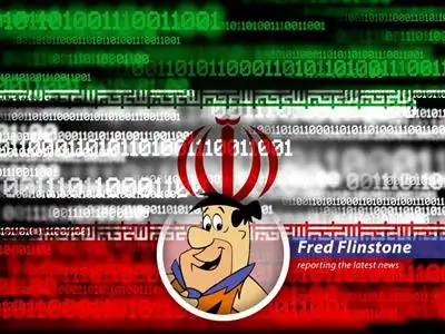 Illustration of a prehistoric man (Fred Flinstone) trying to use a stone tablet as a computer, symbolizing Iran's internet blackout.