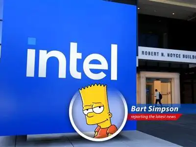 Intel's stock price chart showing a massive upward climb like Bart skateboarding down Evergreen Terrace.