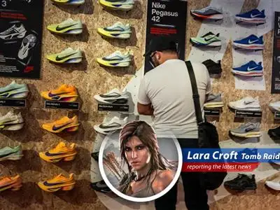 Lara Croft analyzing market data, blending her adventurous spirit with financial acumen.