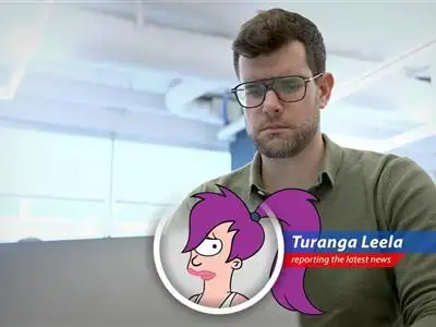 Leela stares suspiciously at a robot, wondering if it's trying to steal her tax refund. Or maybe just her eye.