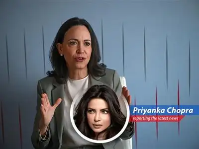 Maria Corina Machado speaking at the CERAWeek conference in Houston, Texas, discussing Venezuela's oil future amidst political shifts.