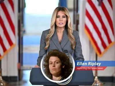 Melania Trump addressing reporters at the White House, refuting allegations and advocating for Epstein's victims.