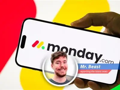 Monday.com logo displayed against a backdrop of plummeting stock values reflecting market concerns over AI disruption in the software industry. image