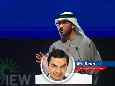 Mr. Bean contemplates the Strait of Hormuz situation with Teddy, wondering if a well-placed marmalade sandwich could solve the conflict.
