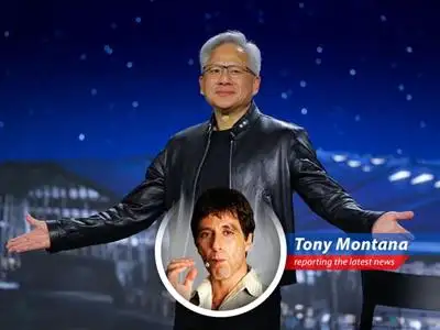 Nvidia's Jensen Huang joins Trump's China trip, a power play reminiscent of Miami's most notorious kingpin navigating a world of shifting alliances and rising stakes.